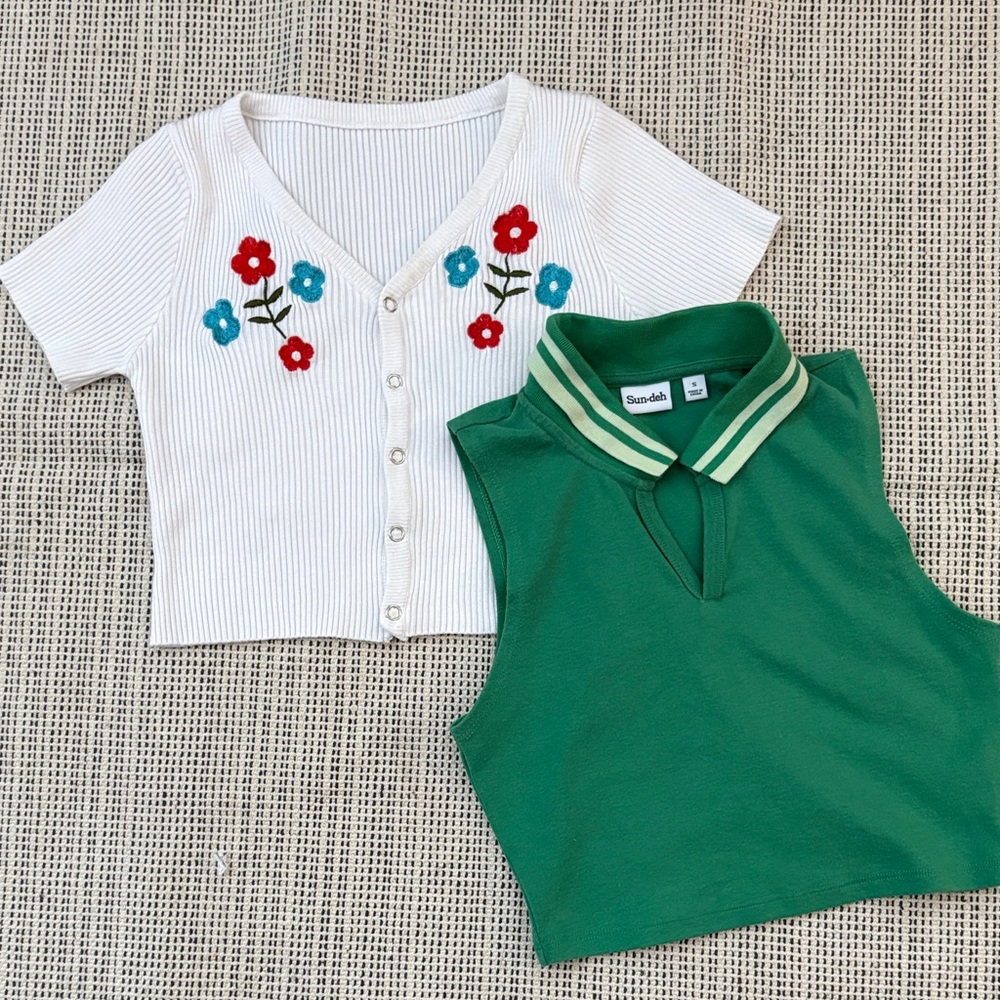 White Floral Embroidered cropped Shirt and Green cropped Sleeveless Top
